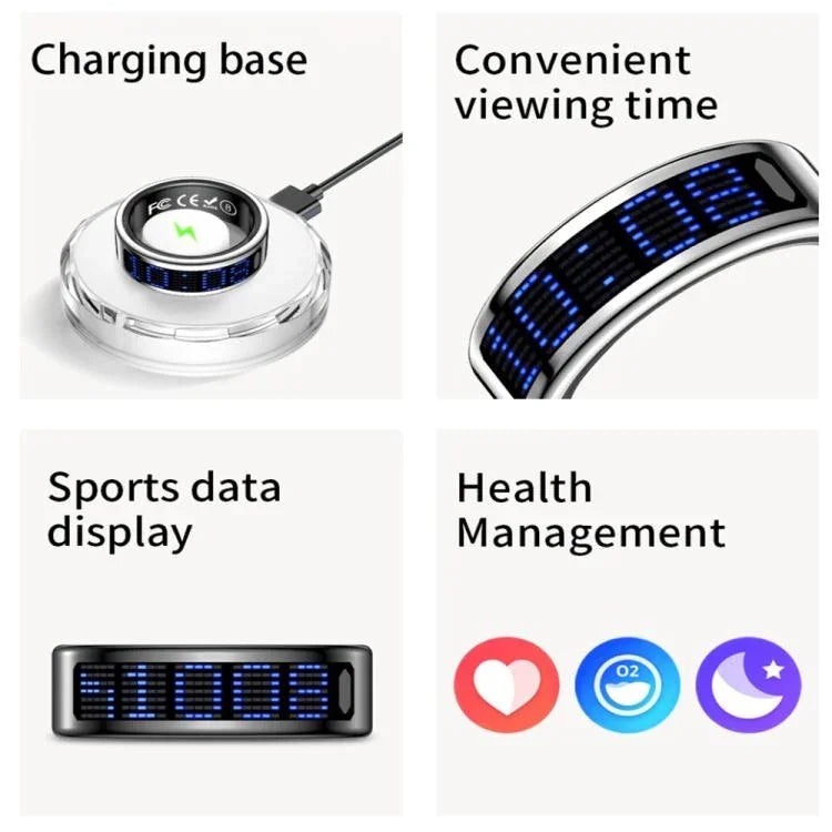 Bague connectée SR16 taille 8, compatible avec le suivi de la fréquence cardiaque, de l'oxygène sanguin et du sommeil, et proposant plusieurs modes sportifs.