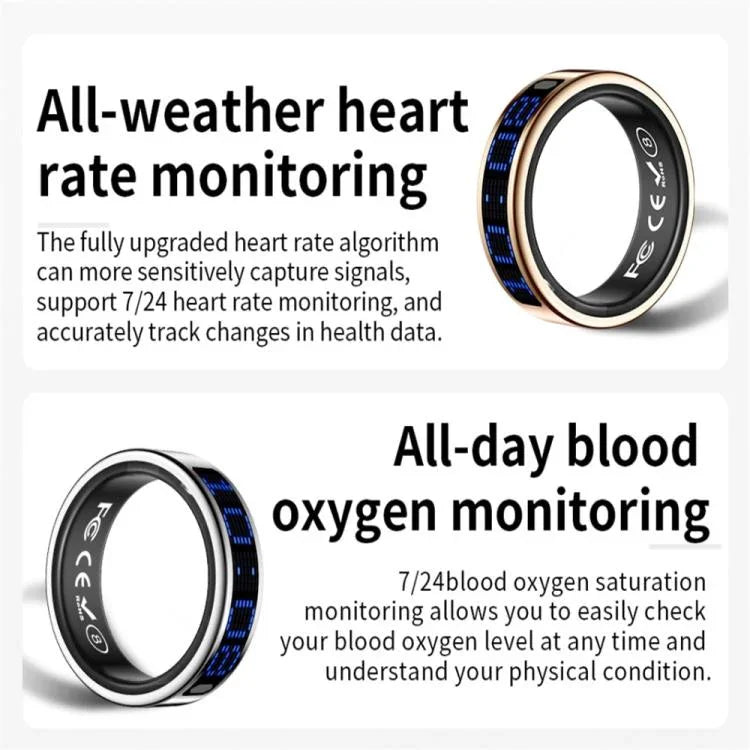 Bague connectée SR16 taille 8, compatible avec le suivi de la fréquence cardiaque, de l'oxygène sanguin et du sommeil, et proposant plusieurs modes sportifs.