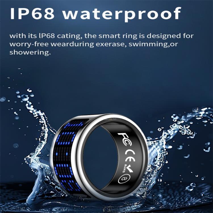 Bague connectée SR16 taille 8, compatible avec le suivi de la fréquence cardiaque, de l'oxygène sanguin et du sommeil, et proposant plusieurs modes sportifs.