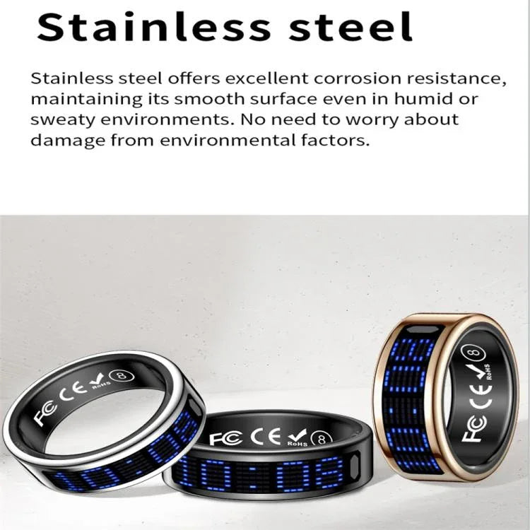 Bague connectée SR16 taille 8, compatible avec le suivi de la fréquence cardiaque, de l'oxygène sanguin et du sommeil, et proposant plusieurs modes sportifs.
