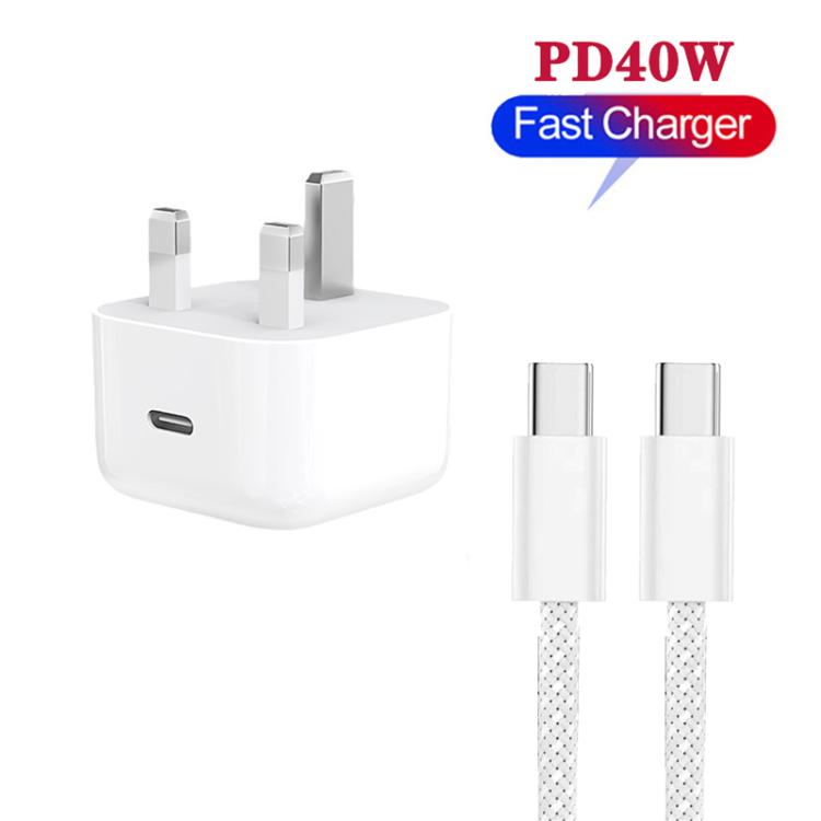 Chargeur A3365 PD40W USB-C / Type-C avec câble de données Type-C vers Type-C, prise UK, prise UK + câble Type-C 1m, prise UK + câble Type-C 2m