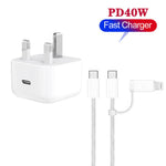 Chargeur A3365 PD40W USB-C / Type-C avec câble de données Type-C vers Type-C / 8 broches, prise UK + câble 2-en-1 de 1m
