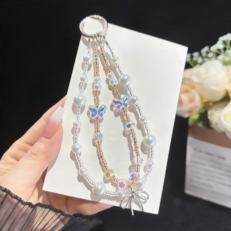Chaîne de téléphone double couche irisée, style cristal, style perle, motif Papillon Rêve Perle Chuchotement
