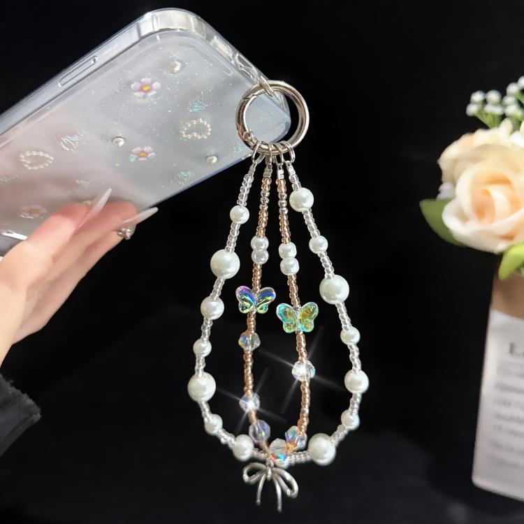 Chaîne de téléphone double couche irisée, style cristal, style perle, motif Papillon Rêve Perle Chuchotement
