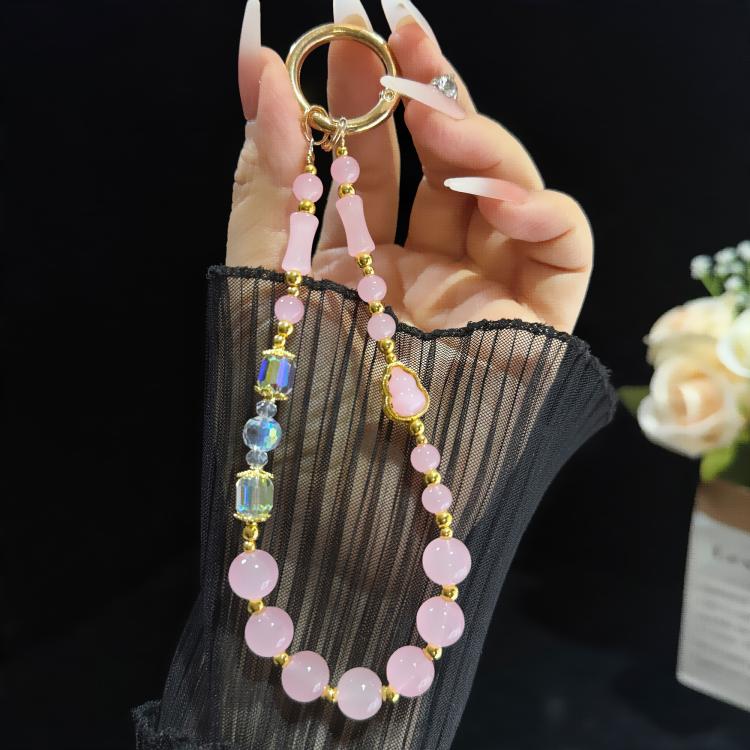 Chaîne de téléphone perlée élégante en jade, gourde et bambou, rose, blanc, vert