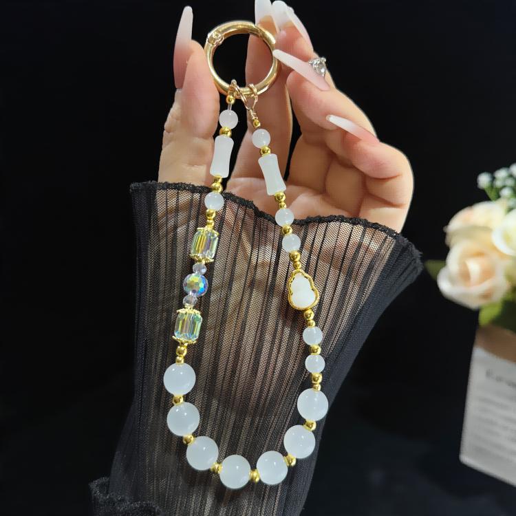 Chaîne de téléphone perlée élégante en jade, gourde et bambou, rose, blanc, vert