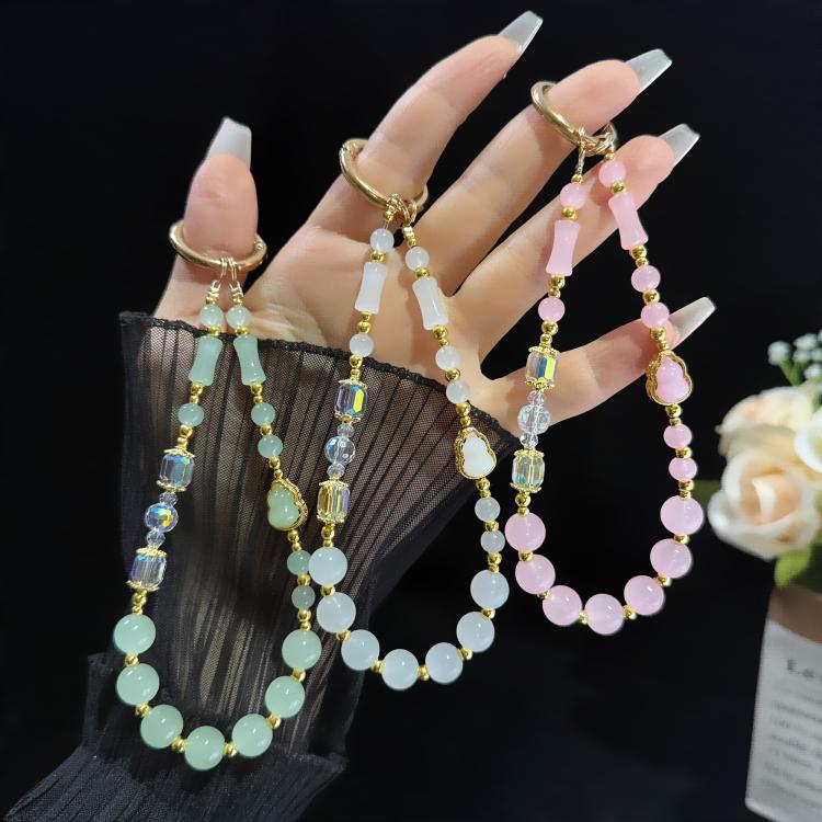 Chaîne de téléphone perlée élégante en jade, gourde et bambou, rose, blanc, vert