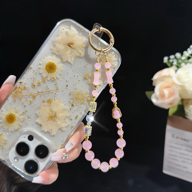 Chaîne de téléphone perlée élégante en jade, gourde et bambou, rose, blanc, vert