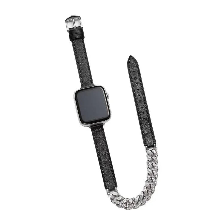 Bracelet en cuir véritable serti de diamants, pour Apple Watch 46 mm / 49 mm / 45 mm / 44 mm et 42 mm / 41 mm / 40 mm / 38 mm.