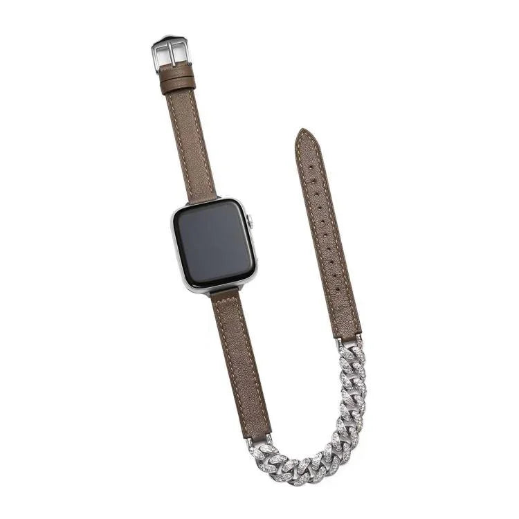 Bracelet en cuir véritable serti de diamants, pour Apple Watch 46 mm / 49 mm / 45 mm / 44 mm et 42 mm / 41 mm / 40 mm / 38 mm.
