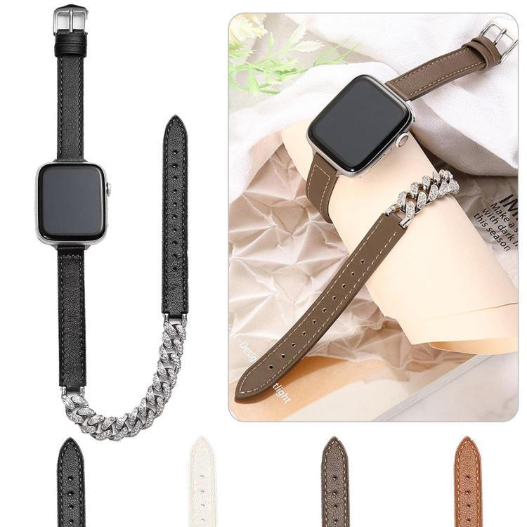 Bracelet en cuir véritable serti de diamants, pour Apple Watch 46 mm / 49 mm / 45 mm / 44 mm et 42 mm / 41 mm / 40 mm / 38 mm.