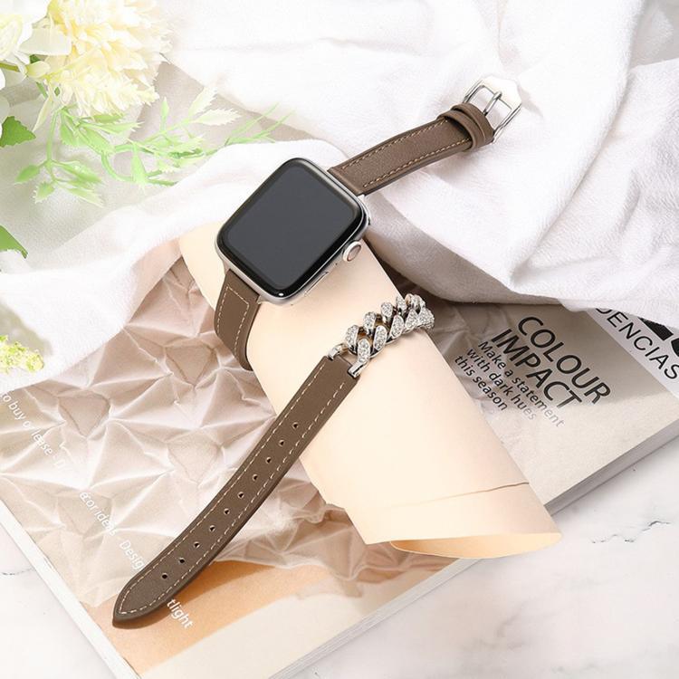 Bracelet en cuir véritable serti de diamants, pour Apple Watch 46 mm / 49 mm / 45 mm / 44 mm et 42 mm / 41 mm / 40 mm / 38 mm.