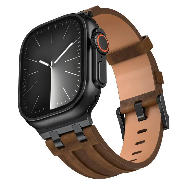 Bracelet de montre en cuir vegan Crazy Horse avec boucle noire en acier inoxydable, pour Apple Watch 46 mm / 49 mm / 45 mm / 44 mm