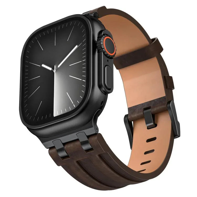 Bracelet de montre en cuir vegan Crazy Horse avec boucle noire en acier inoxydable, pour Apple Watch 46 mm / 49 mm / 45 mm / 44 mm