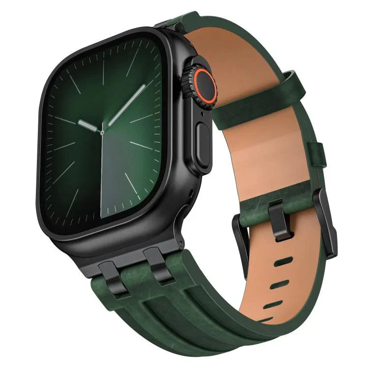 Bracelet de montre en cuir vegan Crazy Horse avec boucle noire en acier inoxydable, pour Apple Watch 46 mm / 49 mm / 45 mm / 44 mm