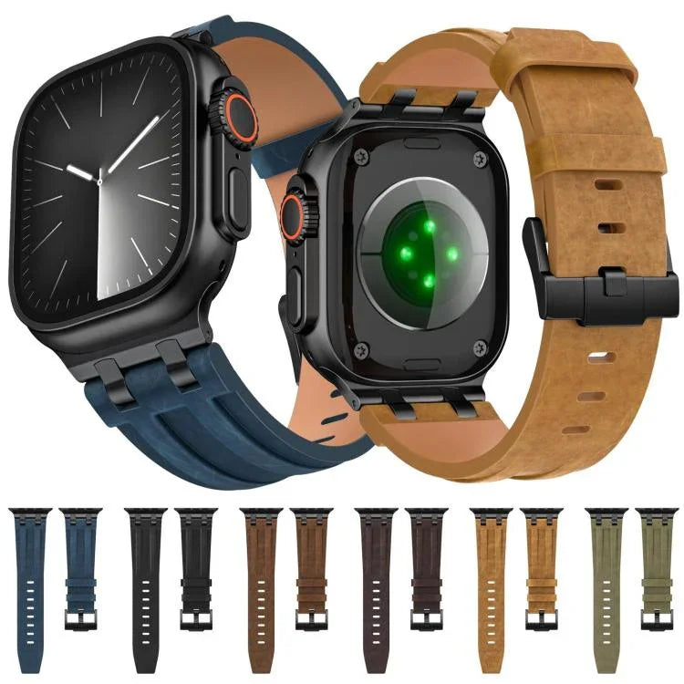 Bracelet de montre en cuir vegan Crazy Horse avec boucle noire en acier inoxydable, pour Apple Watch 46 mm / 49 mm / 45 mm / 44 mm