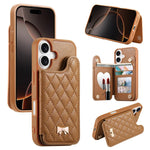 Étui de téléphone avec miroir, texture losange, nœud papillon en métal, porte-cartes en cuir végétalien, Pour iPhone 17 Pro Max, Pour iPhone 17 Pro, Pour iPhone 17, Pour iPhone 16 Pro Max, Pour iPhone 16 Pro, Pour iPhone 16 Plus, Pour iPhone 16