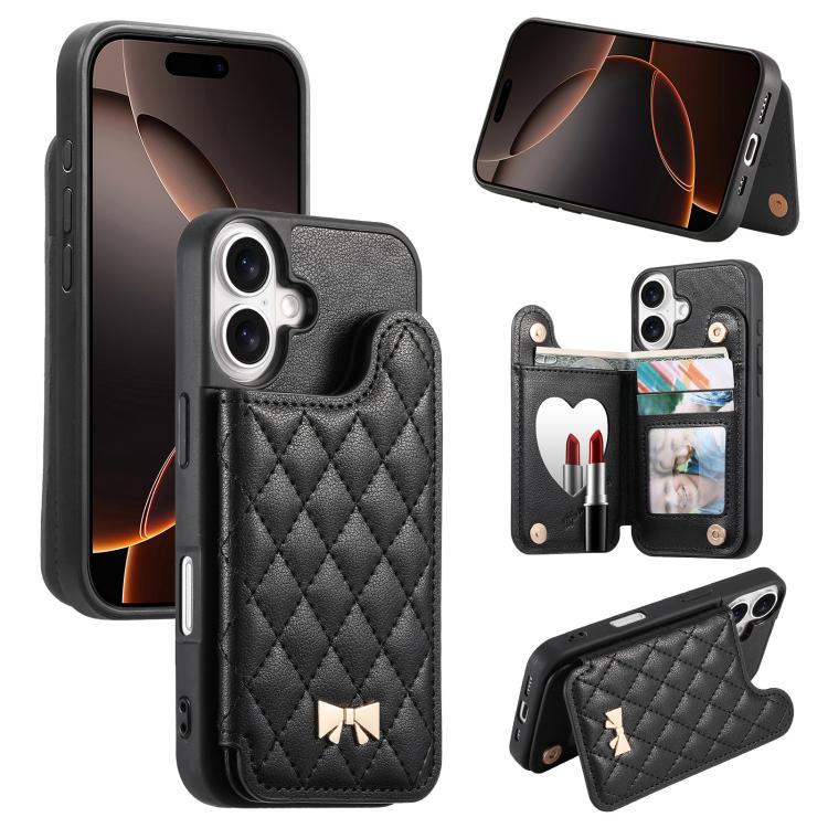 Étui de téléphone avec miroir, texture losange, nœud papillon en métal, porte-cartes en cuir végétalien, Pour iPhone 17 Pro Max, Pour iPhone 17 Pro, Pour iPhone 17, Pour iPhone 16 Pro Max, Pour iPhone 16 Pro, Pour iPhone 16 Plus, Pour iPhone 16