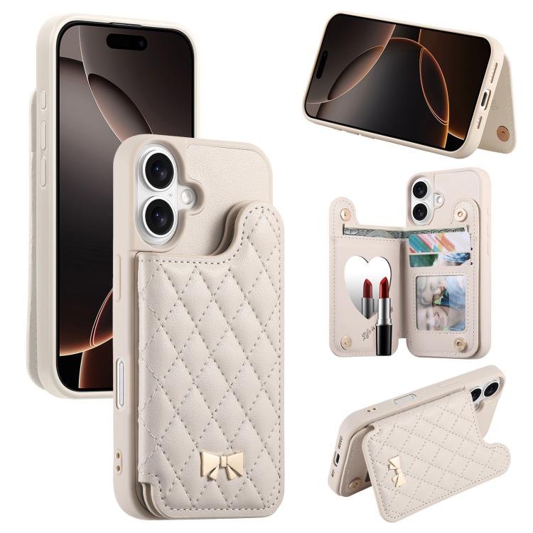 Étui de téléphone avec miroir, texture losange, nœud papillon en métal, porte-cartes en cuir végétalien, Pour iPhone 17 Pro Max, Pour iPhone 17 Pro, Pour iPhone 17, Pour iPhone 16 Pro Max, Pour iPhone 16 Pro, Pour iPhone 16 Plus, Pour iPhone 16
