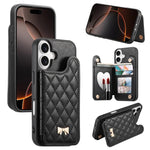 Étui de téléphone avec miroir, texture losange, nœud papillon en métal, porte-cartes en cuir végétalien, Pour iPhone 17 Pro Max, Pour iPhone 17 Pro, Pour iPhone 17, Pour iPhone 16 Pro Max, Pour iPhone 16 Pro, Pour iPhone 16 Plus, Pour iPhone 16