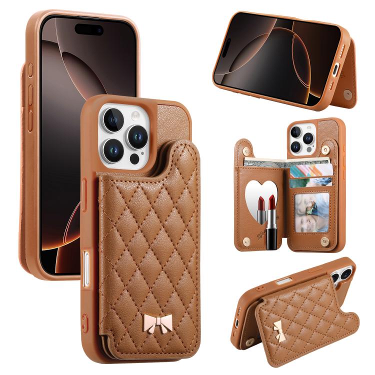 Étui de téléphone avec miroir, texture losange, nœud papillon en métal, porte-cartes en cuir végétalien, Pour iPhone 17 Pro Max, Pour iPhone 17 Pro, Pour iPhone 17, Pour iPhone 16 Pro Max, Pour iPhone 16 Pro, Pour iPhone 16 Plus, Pour iPhone 16