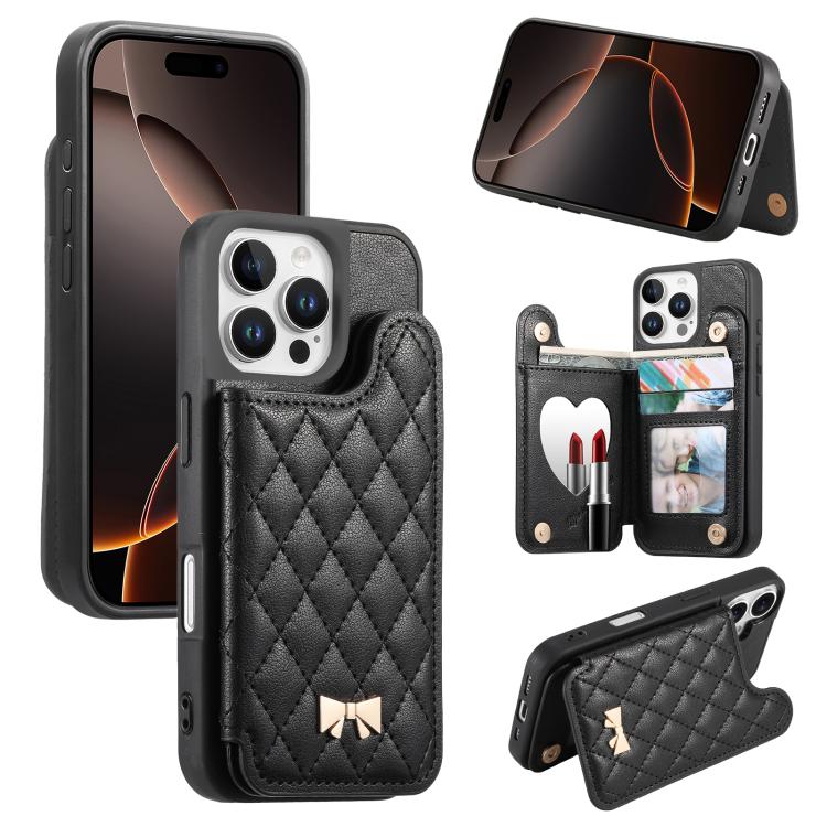Étui de téléphone avec miroir, texture losange, nœud papillon en métal, porte-cartes en cuir végétalien, Pour iPhone 17 Pro Max, Pour iPhone 17 Pro, Pour iPhone 17, Pour iPhone 16 Pro Max, Pour iPhone 16 Pro, Pour iPhone 16 Plus, Pour iPhone 16