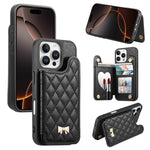 Étui de téléphone avec miroir, texture losange, nœud papillon en métal, porte-cartes en cuir végétalien, Pour iPhone 17 Pro Max, Pour iPhone 17 Pro, Pour iPhone 17, Pour iPhone 16 Pro Max, Pour iPhone 16 Pro, Pour iPhone 16 Plus, Pour iPhone 16