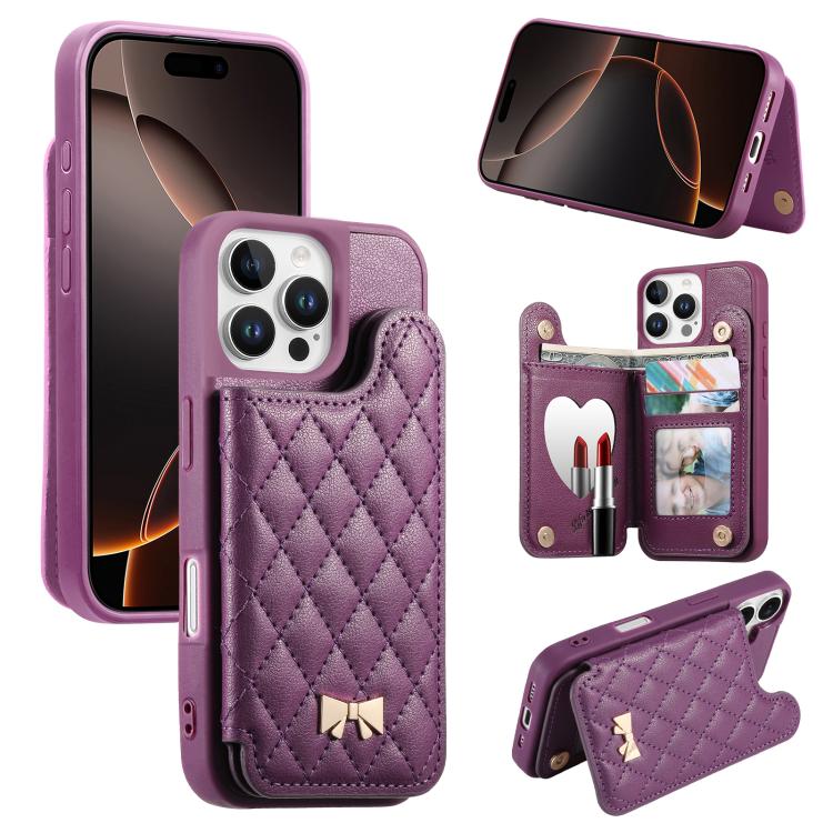Étui de téléphone avec miroir, texture losange, nœud papillon en métal, porte-cartes en cuir végétalien, Pour iPhone 17 Pro Max, Pour iPhone 17 Pro, Pour iPhone 17, Pour iPhone 16 Pro Max, Pour iPhone 16 Pro, Pour iPhone 16 Plus, Pour iPhone 16