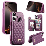 Étui de téléphone avec miroir, texture losange, nœud papillon en métal, porte-cartes en cuir végétalien, Pour iPhone 17 Pro Max, Pour iPhone 17 Pro, Pour iPhone 17, Pour iPhone 16 Pro Max, Pour iPhone 16 Pro, Pour iPhone 16 Plus, Pour iPhone 16