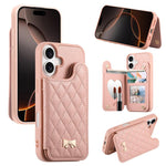 Étui de téléphone avec miroir, texture losange, nœud papillon en métal, porte-cartes en cuir végétalien, Pour iPhone 17 Pro Max, Pour iPhone 17 Pro, Pour iPhone 17, Pour iPhone 16 Pro Max, Pour iPhone 16 Pro, Pour iPhone 16 Plus, Pour iPhone 16