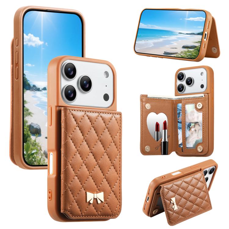 Étui de téléphone avec miroir, texture losange, nœud papillon en métal, porte-cartes en cuir végétalien, Pour iPhone 17 Pro Max, Pour iPhone 17 Pro, Pour iPhone 17, Pour iPhone 16 Pro Max, Pour iPhone 16 Pro, Pour iPhone 16 Plus, Pour iPhone 16