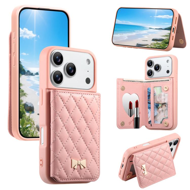 Étui de téléphone avec miroir, texture losange, nœud papillon en métal, porte-cartes en cuir végétalien, Pour iPhone 17 Pro Max, Pour iPhone 17 Pro, Pour iPhone 17, Pour iPhone 16 Pro Max, Pour iPhone 16 Pro, Pour iPhone 16 Plus, Pour iPhone 16