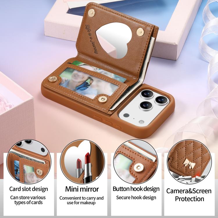 Étui de téléphone avec miroir, texture losange, nœud papillon en métal, porte-cartes en cuir végétalien, Pour iPhone 17 Pro Max, Pour iPhone 17 Pro, Pour iPhone 17, Pour iPhone 16 Pro Max, Pour iPhone 16 Pro, Pour iPhone 16 Plus, Pour iPhone 16