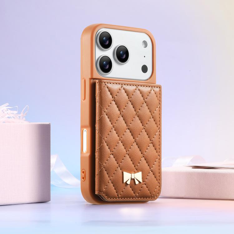 Étui de téléphone avec miroir, texture losange, nœud papillon en métal, porte-cartes en cuir végétalien, Pour iPhone 17 Pro Max, Pour iPhone 17 Pro, Pour iPhone 17, Pour iPhone 16 Pro Max, Pour iPhone 16 Pro, Pour iPhone 16 Plus, Pour iPhone 16