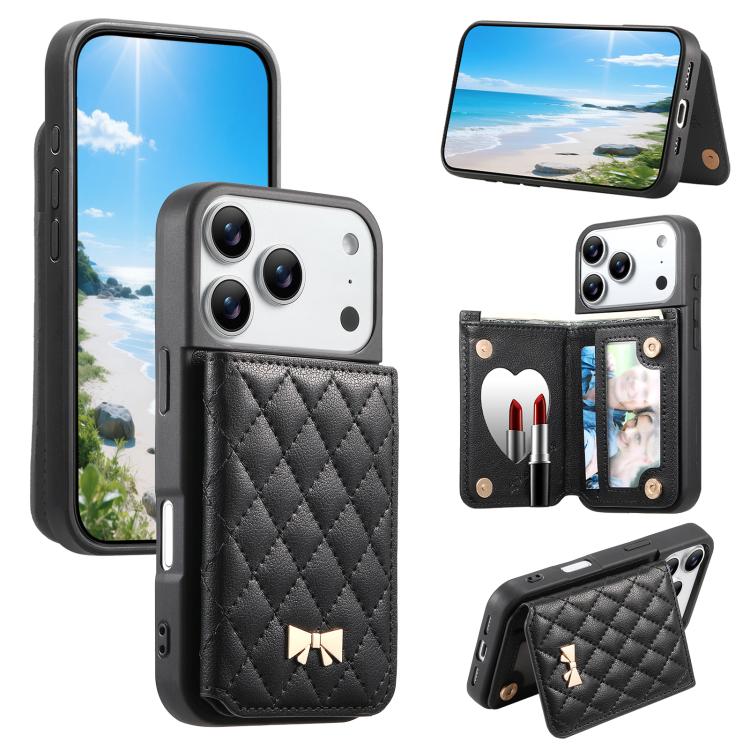 Étui de téléphone avec miroir, texture losange, nœud papillon en métal, porte-cartes en cuir végétalien, Pour iPhone 17 Pro Max, Pour iPhone 17 Pro, Pour iPhone 17, Pour iPhone 16 Pro Max, Pour iPhone 16 Pro, Pour iPhone 16 Plus, Pour iPhone 16