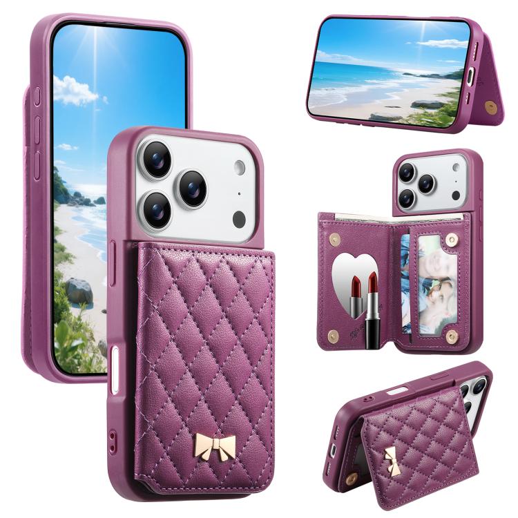 Étui de téléphone avec miroir, texture losange, nœud papillon en métal, porte-cartes en cuir végétalien, Pour iPhone 17 Pro Max, Pour iPhone 17 Pro, Pour iPhone 17, Pour iPhone 16 Pro Max, Pour iPhone 16 Pro, Pour iPhone 16 Plus, Pour iPhone 16