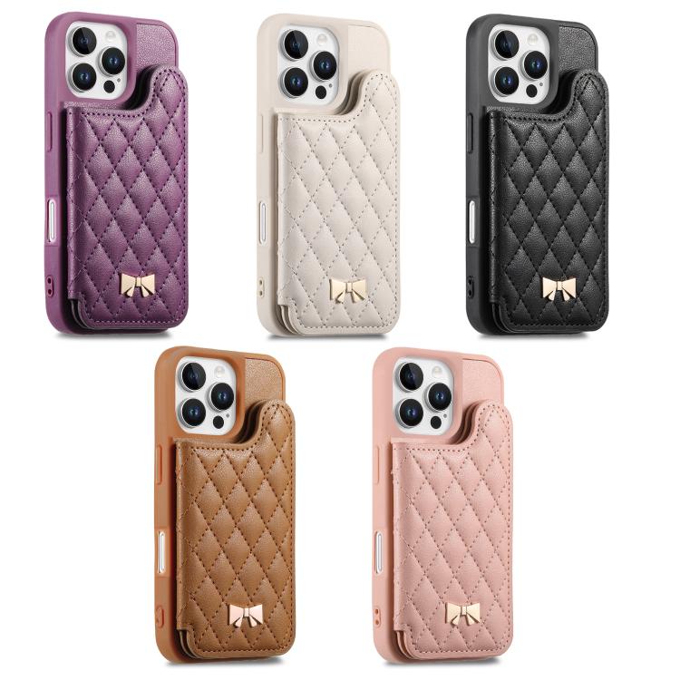 Étui de téléphone avec miroir, texture losange, nœud papillon en métal, porte-cartes en cuir végétalien, Pour iPhone 17 Pro Max, Pour iPhone 17 Pro, Pour iPhone 17, Pour iPhone 16 Pro Max, Pour iPhone 16 Pro, Pour iPhone 16 Plus, Pour iPhone 16