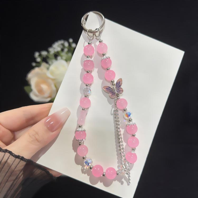 Bracelet en coton brodé perles et papillons, rose, vert
