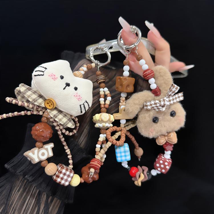 Breloque de téléphone Chaton en tissu et Lapin en peluche, Gris, Blanc