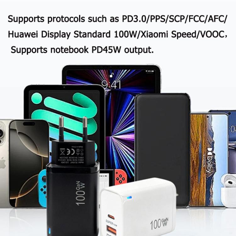 PD47 100W GaN PD Type-C, QC3.0 USB Chargeur à protocole entièrement compatible, prise UE