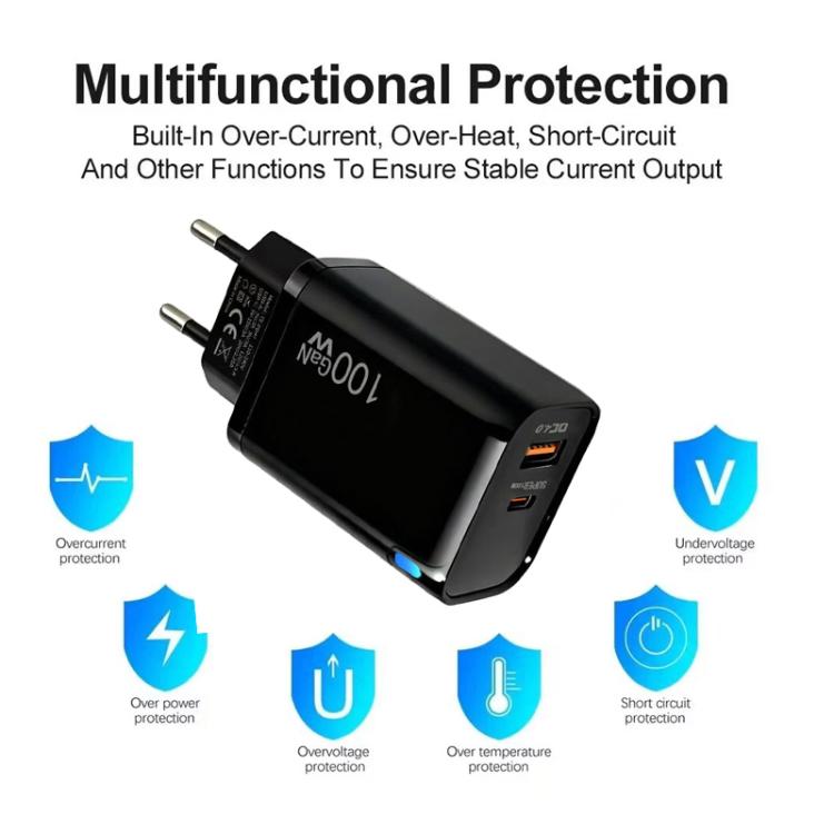 PD47 100W GaN PD Type-C, QC3.0 USB Chargeur à protocole entièrement compatible, prise UE