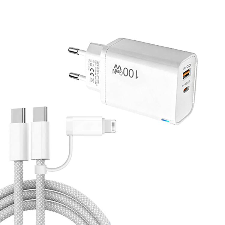 Chargeur USB PD47 100W GaN PD Type-C + QC3.0 avec câble de données Type-C vers Type-C / 8 broches, prise UE