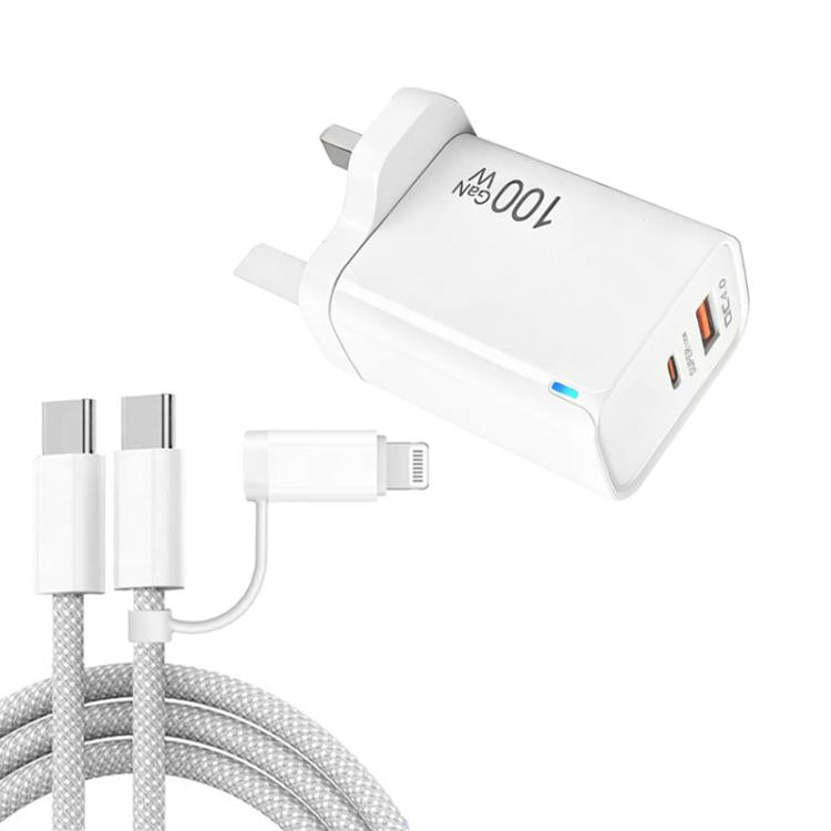 Chargeur USB PD47 GaN PD Type-C 100W + QC3.0 avec câble de données Type-C vers Type-C / 8 broches, prise UK