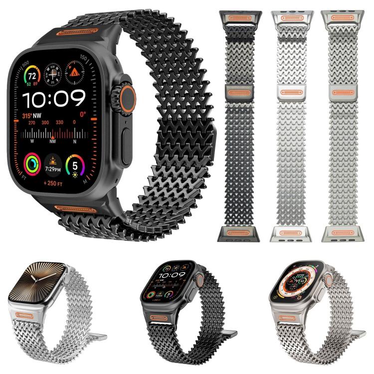 Bracelet de montre en acier inoxydable magnétique de type W à longue chaîne, pour Apple Watch 46mm / 49mm / 45mm / 44mm