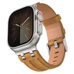 Bracelet de montre en cuir vegan Crazy Horse avec boucle en argent acier inoxydable, pour Apple Watch 46 mm / 49 mm / 45 mm / 44 mm