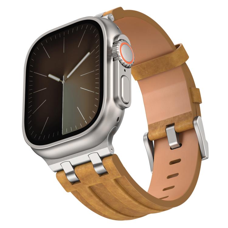 Bracelet de montre en cuir vegan Crazy Horse avec boucle en argent acier inoxydable, pour Apple Watch 46 mm / 49 mm / 45 mm / 44 mm