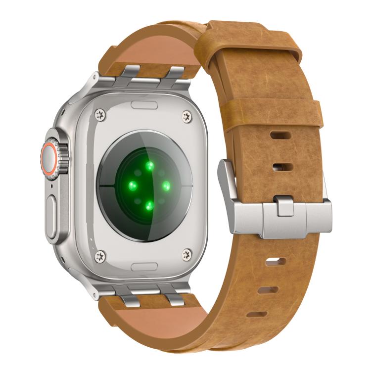 Bracelet de montre en cuir vegan Crazy Horse avec boucle en argent acier inoxydable, pour Apple Watch 46 mm / 49 mm / 45 mm / 44 mm