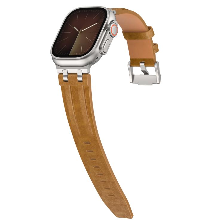 Bracelet de montre en cuir vegan Crazy Horse avec boucle en argent acier inoxydable, pour Apple Watch 46 mm / 49 mm / 45 mm / 44 mm