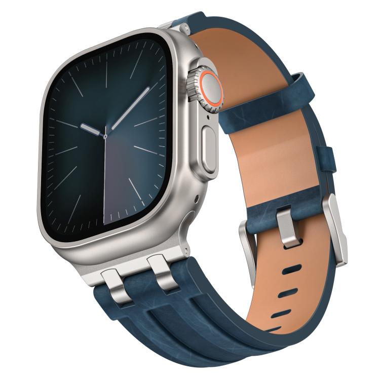 Bracelet de montre en cuir vegan Crazy Horse avec boucle en argent acier inoxydable, pour Apple Watch 46 mm / 49 mm / 45 mm / 44 mm