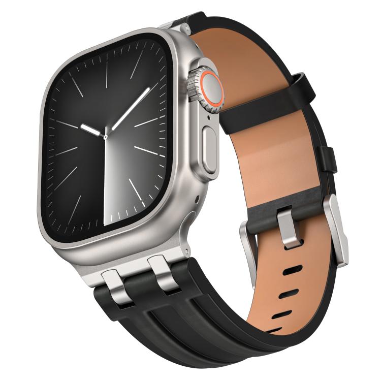 Bracelet de montre en cuir vegan Crazy Horse avec boucle en argent acier inoxydable, pour Apple Watch 46 mm / 49 mm / 45 mm / 44 mm